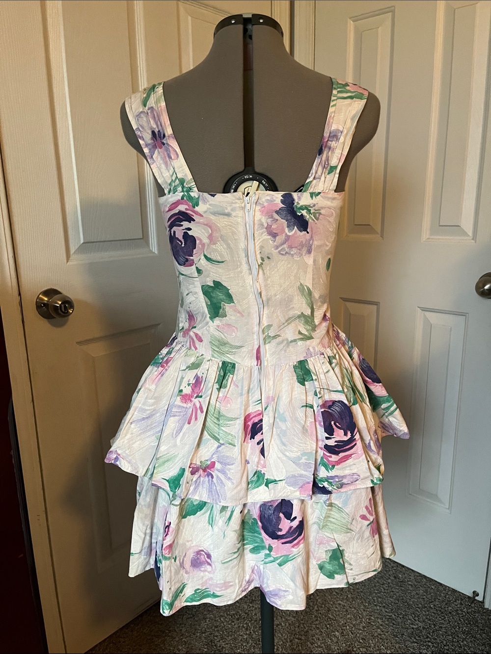 1980's City Triangles Floral Cotton Mini Dress, Pastel Green & Purple, Size 9 - Picture 3 of 7